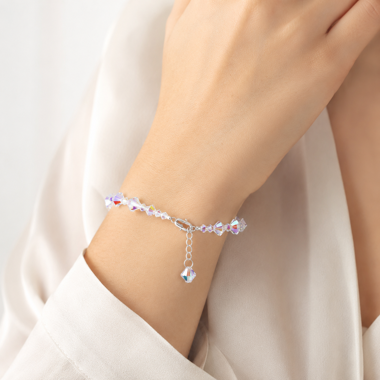 PULSERA DE PLATA 925 AJUSTABLE PARA MUJER CON CRISTALES DISEÑO BICONO COLOR AURORA BOREAL TORNASOL - 3