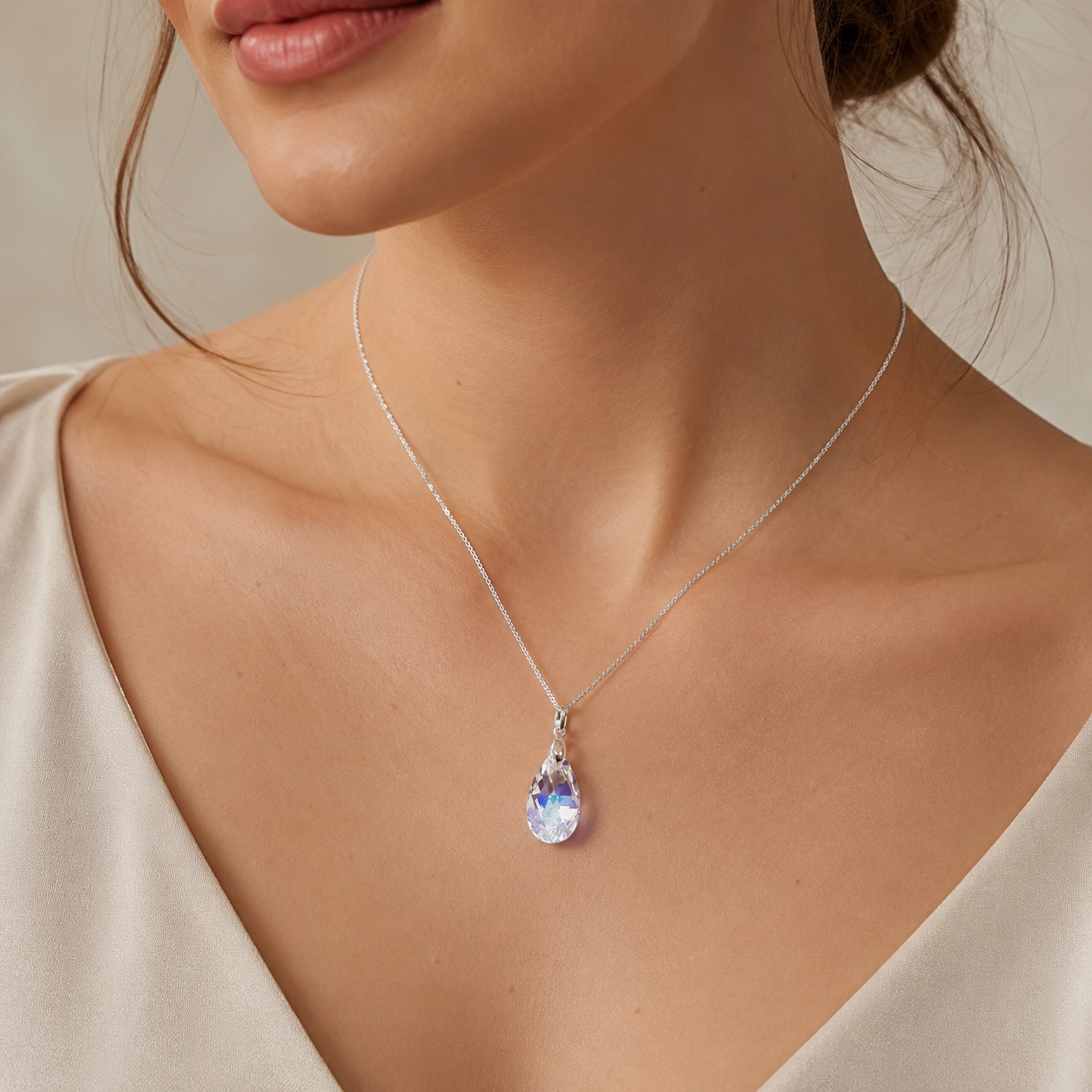 COLLAR DE PLATA 925 PARA MUJER CON CRISTAL DISEÑO GOTA TORNASOL DISEÑO ELEGANTE PARA REGALAR - 5