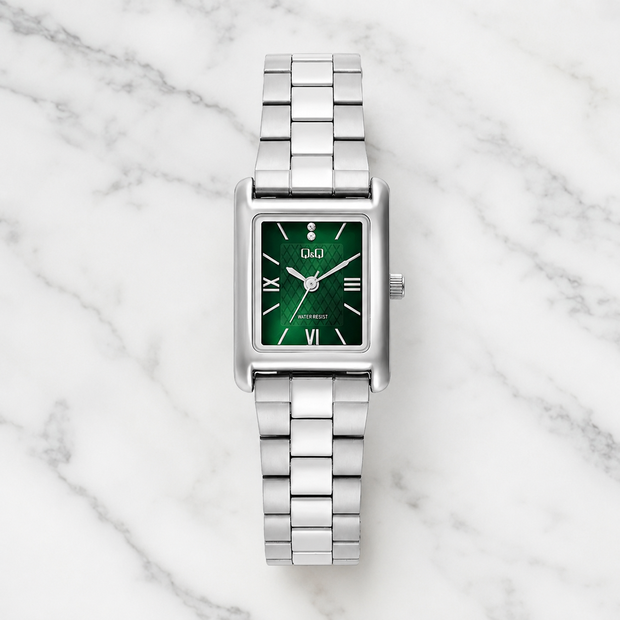 RELOJ Q&Q MODELO C69A-003PY PARA MUJER PLATEADO CON ESFERA VERDE Y BRAZALETE METÁLICO 3 BAR - 1