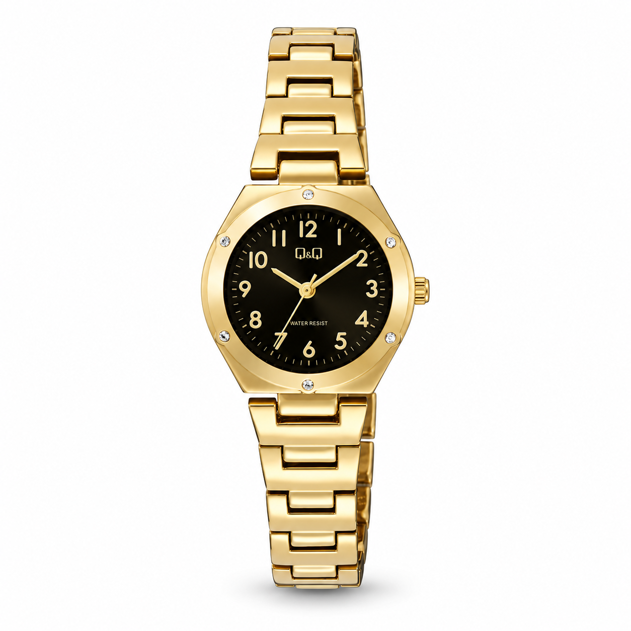 RELOJ QYQ F19A-004PY PARA MUJER DORADO ESFERA NEGRA BRAZALETE METÁLICO 28 MM 3 BAR - 1