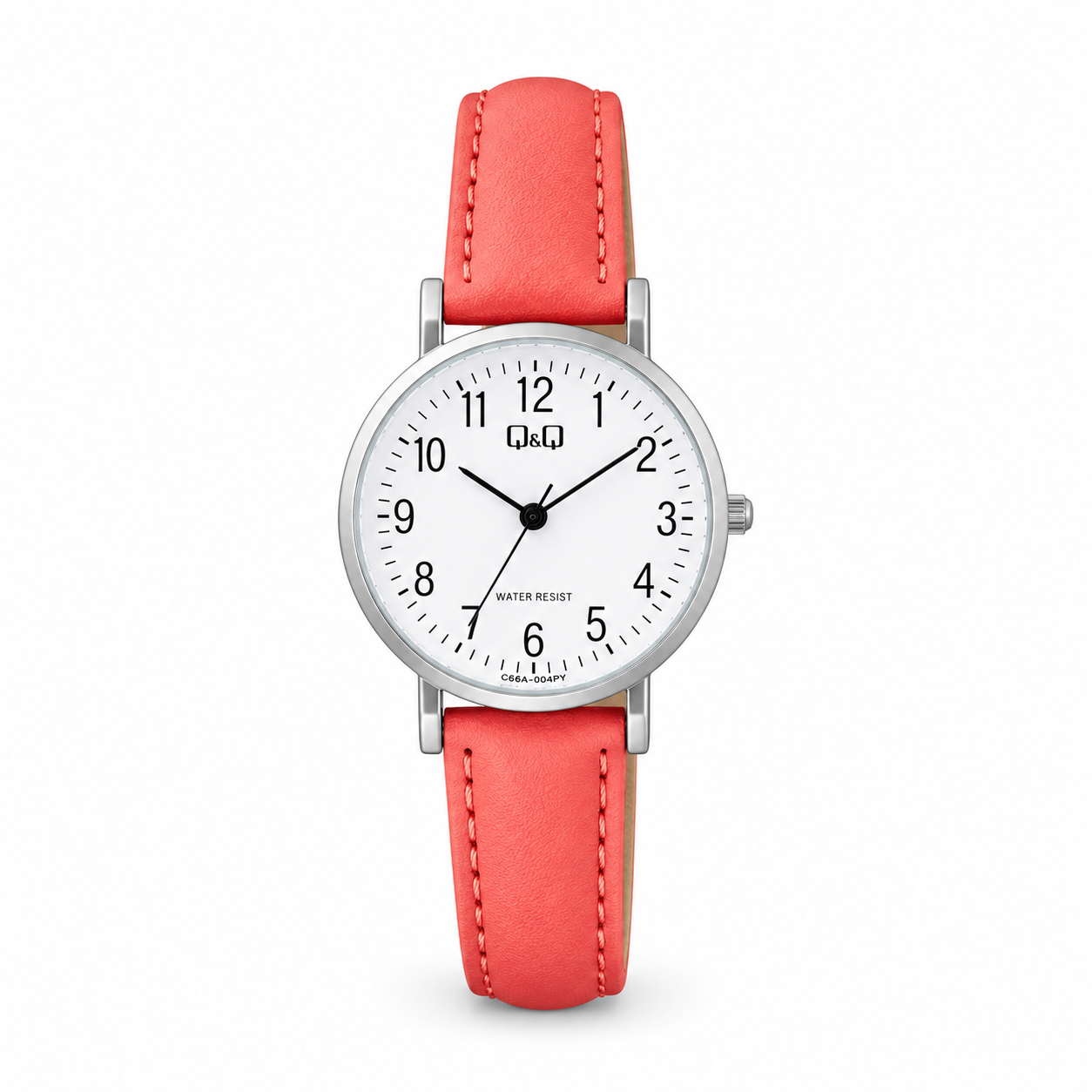 RELOJ QYQ C66A-004PY PARA MUJER COLOR ROJO CORREA DE CUERO ESFERA BLANCA 28 MM 3 BAR - 1