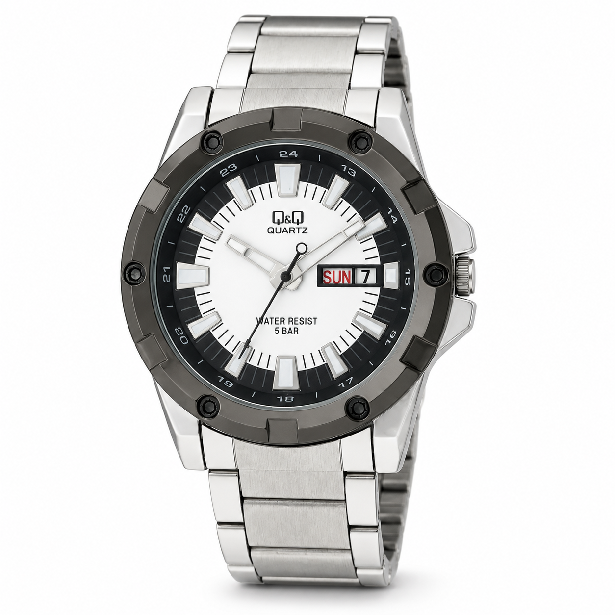 RELOJ QYQ A150J401Y PARA HOMBRE PLATEADO ACERO CON DÍA Y FECHA ESFERA BLANCA 42 MM ACUÁTICO 5 BAR - 1