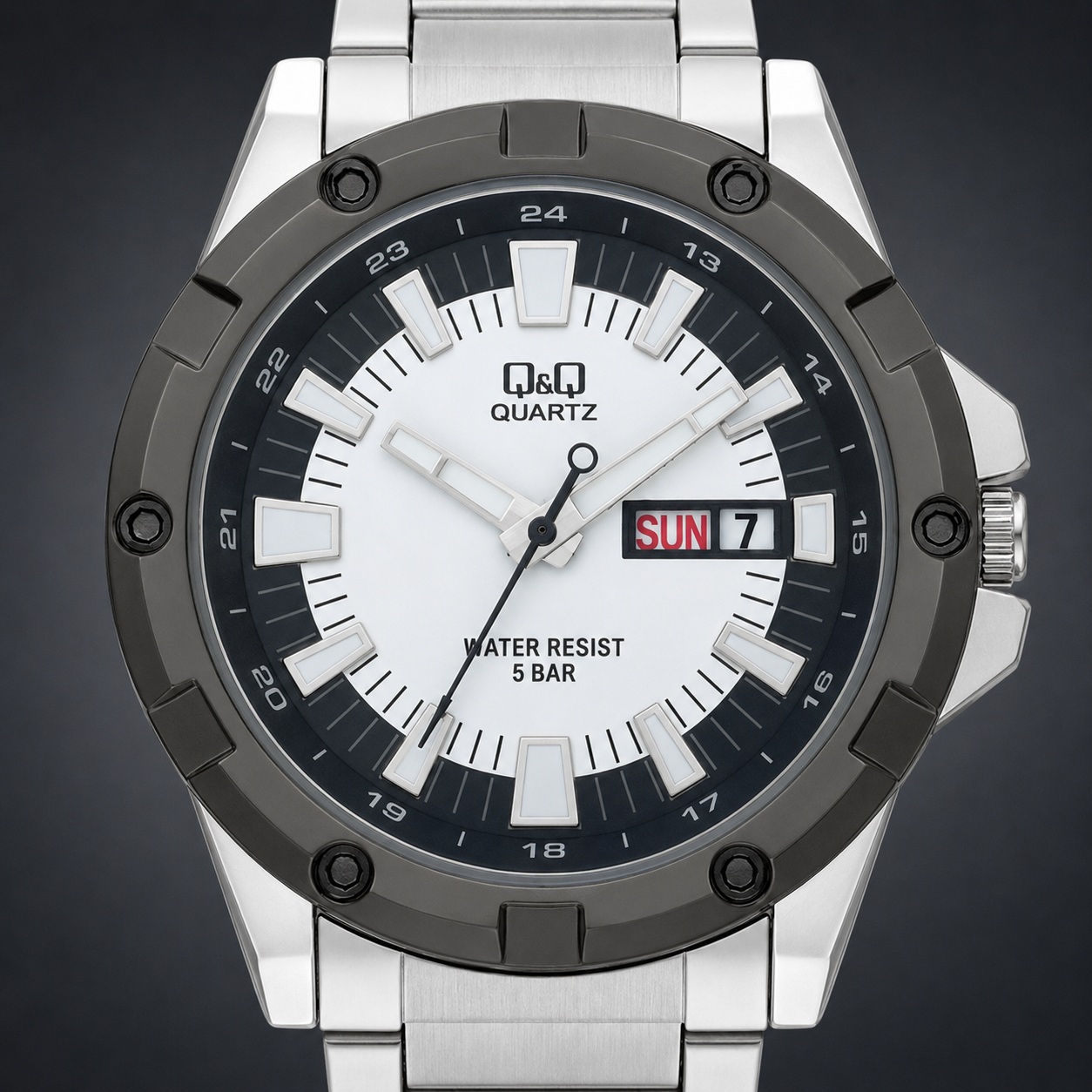 RELOJ QYQ A150J401Y PARA HOMBRE PLATEADO ACERO CON DÍA Y FECHA ESFERA BLANCA 42 MM ACUÁTICO 5 BAR - 2