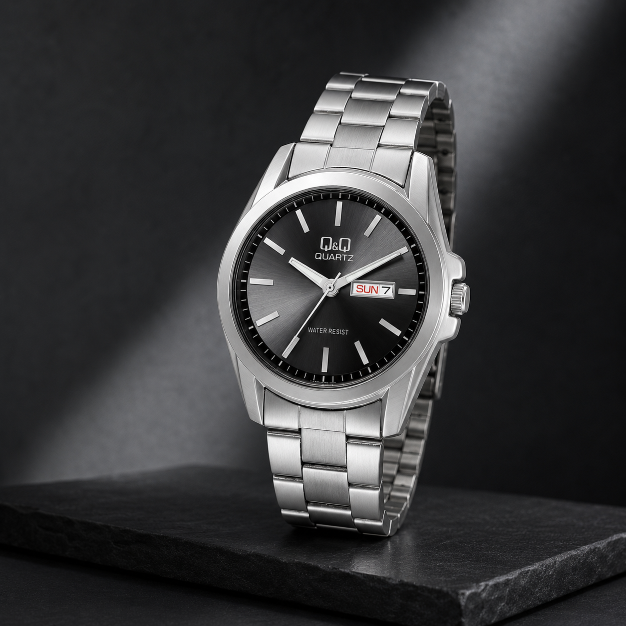 RELOJ QYQ A190-202Y PARA HOMBRE COLOR PLATEADO ESFERA NEGRA ACERO DÍA Y FECHA 41 MM ACUÁTICO 3BAR - 5