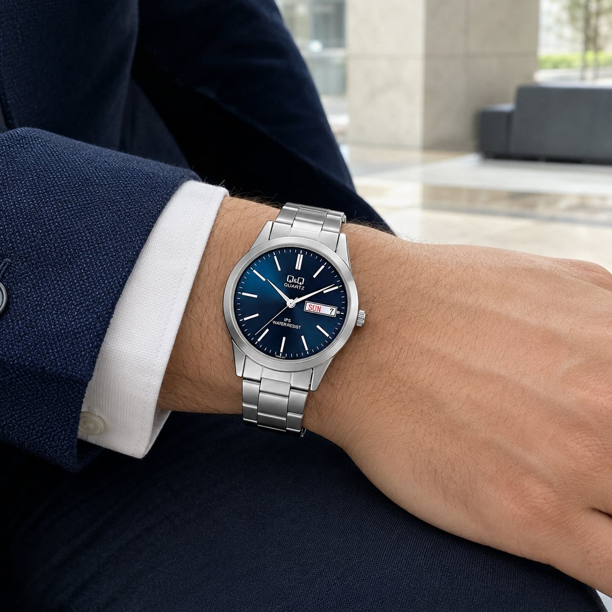 RELOJ Q&Q CD06J202Y PARA HOMBRE PLATEADO ESFERA AZUL BRAZALETE METÁLICO DÍA Y FECHA 40 MM 3 BAR - 3