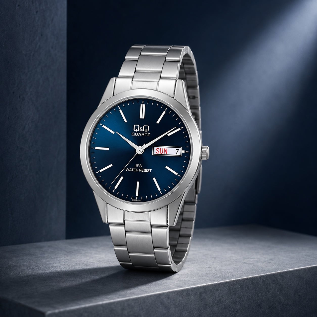 RELOJ Q&Q CD06J202Y PARA HOMBRE PLATEADO ESFERA AZUL BRAZALETE METÁLICO DÍA Y FECHA 40 MM 3 BAR - 5