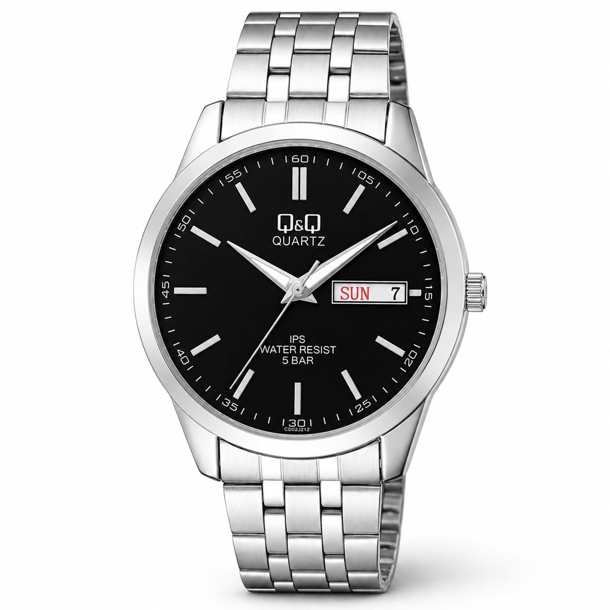RELOJ QYQ CD02J212Y PARA HOMBRE PLATEADO ESFERA NEGRA BRAZALETE METÁLICO DÍA Y FECHA 42 MM 5 BAR - 1
