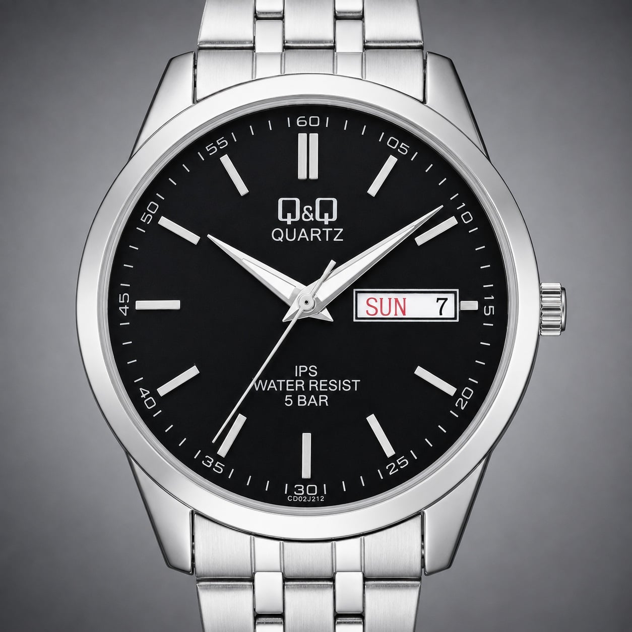 RELOJ QYQ CD02J212Y PARA HOMBRE PLATEADO ESFERA NEGRA BRAZALETE METÁLICO DÍA Y FECHA 42 MM 5 BAR - 2