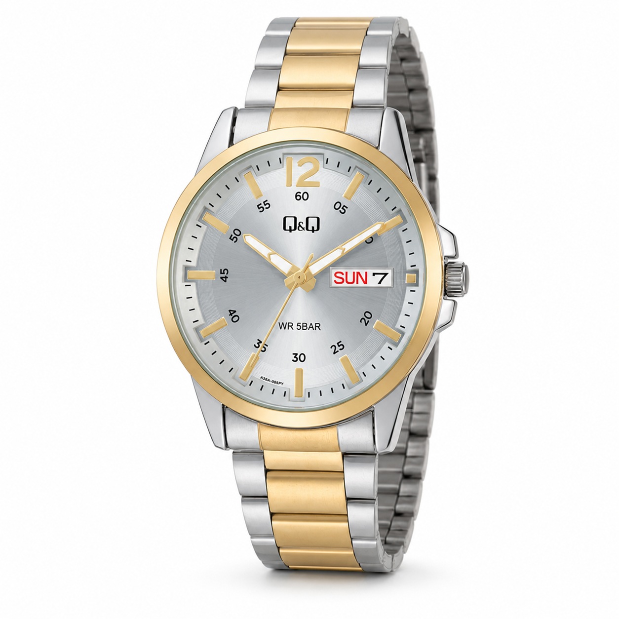 RELOJ Q&Q A36A-005PY PARA HOMBRE BICOLOR PLATEADO Y DORADO DÍA Y FECHA 42 MM 5 BAR - 1
