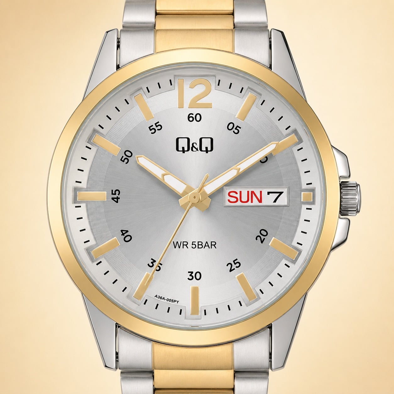 RELOJ Q&Q A36A-005PY PARA HOMBRE BICOLOR PLATEADO Y DORADO DÍA Y FECHA 42 MM 5 BAR - 2
