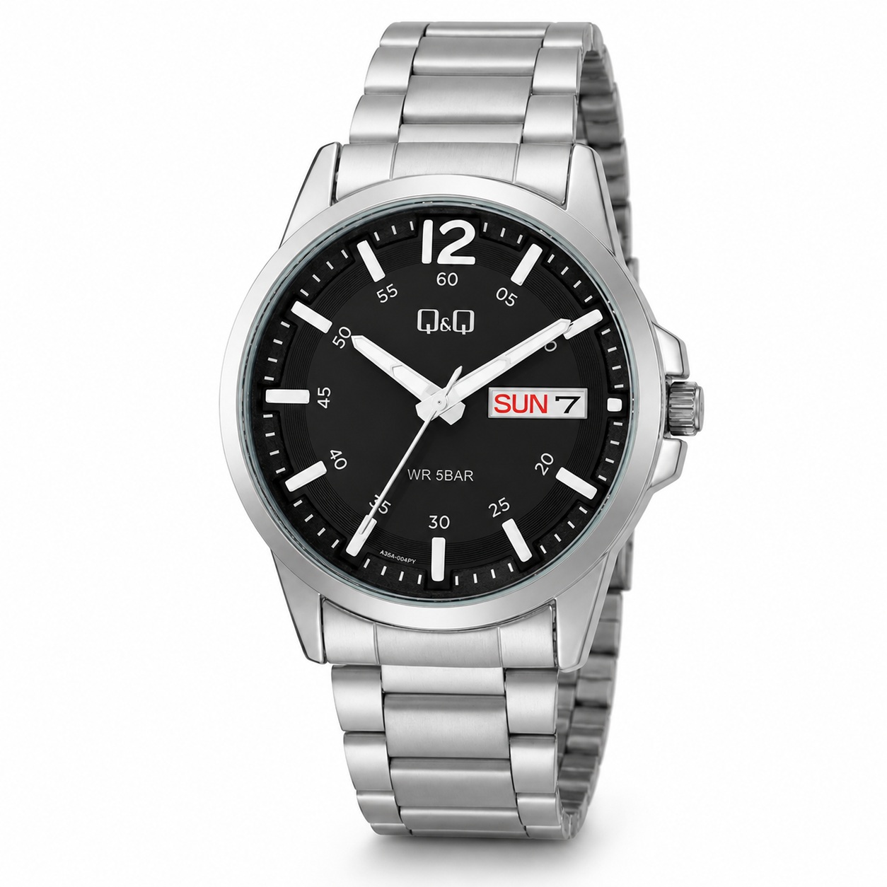 RELOJ QYQ A36A-004PY PARA HOMBRE PLATEADO ESFERA NEGRA BRAZALETE METÁLICO DÍA Y FECHA 42 MM 5 BAR - 1