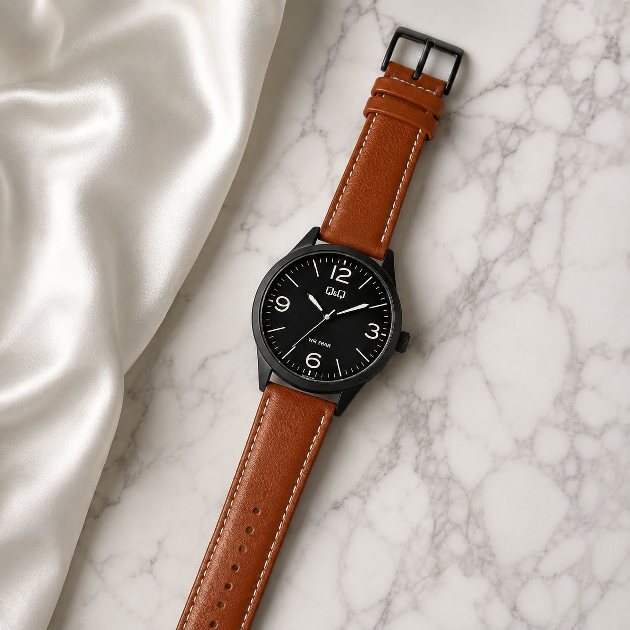 RELOJ QYQ Q77B-003PY PARA HOMBRE ESFERA NEGRA CORREA DE CUERO MARRÓN 42 MM ACUÁTICO 5 BAR - 3