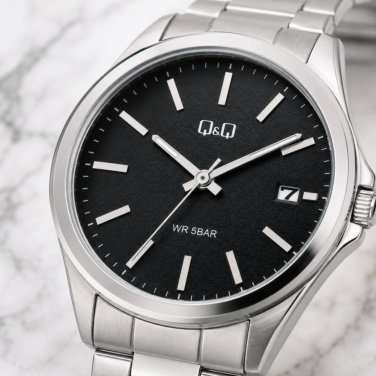 RELOJ Q&Q A484J202Y PARA HOMBRE PLATEADO ESFERA NEGRA BRAZALETE METÁLICO CON FECHA 43 MM 5 BAR - 2