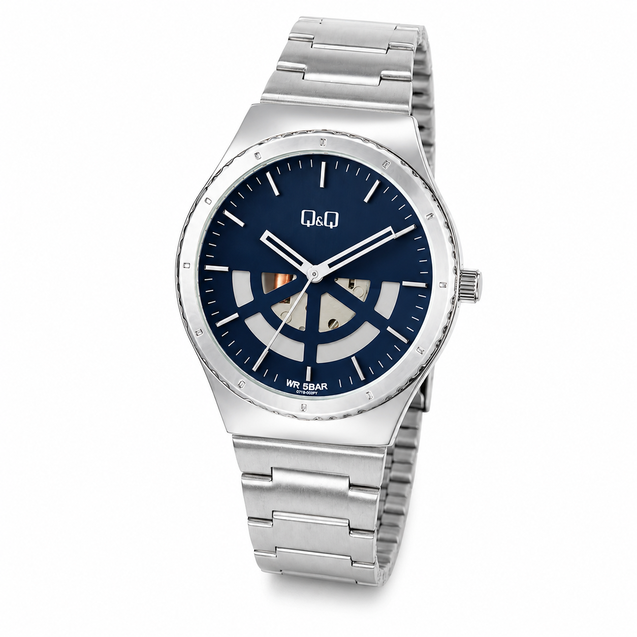 RELOJ Q&Q Q71B-002PY PARA HOMBRE PLATEADO ESFERA AZUL BRAZALETE METÁLICO 42 MM 5 BAR - 1