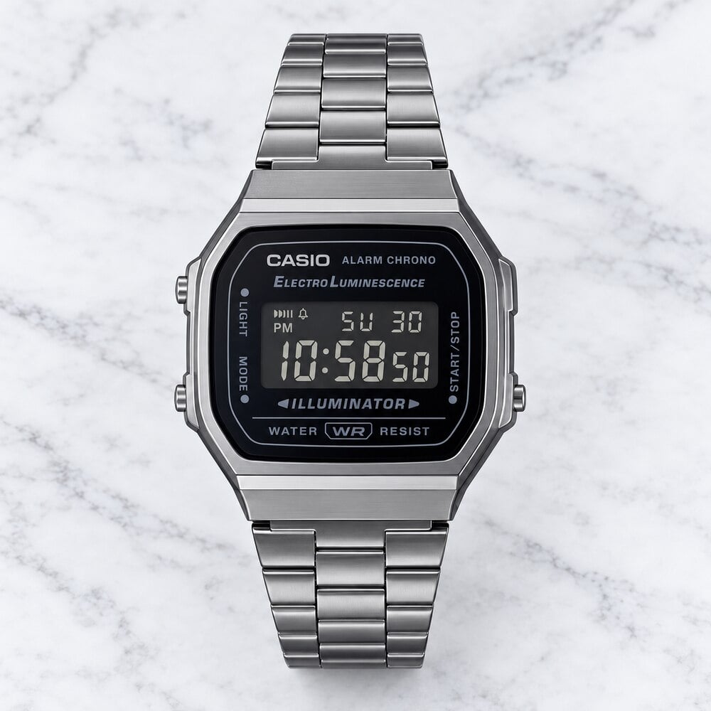 RELOJ CASIO A168WGG-1BDF DIGITAL UNISEX VINTAGE GRIS OSCURO CON BRAZALETE DE ACERO ALARMA Y CRONÓMETRO - 1