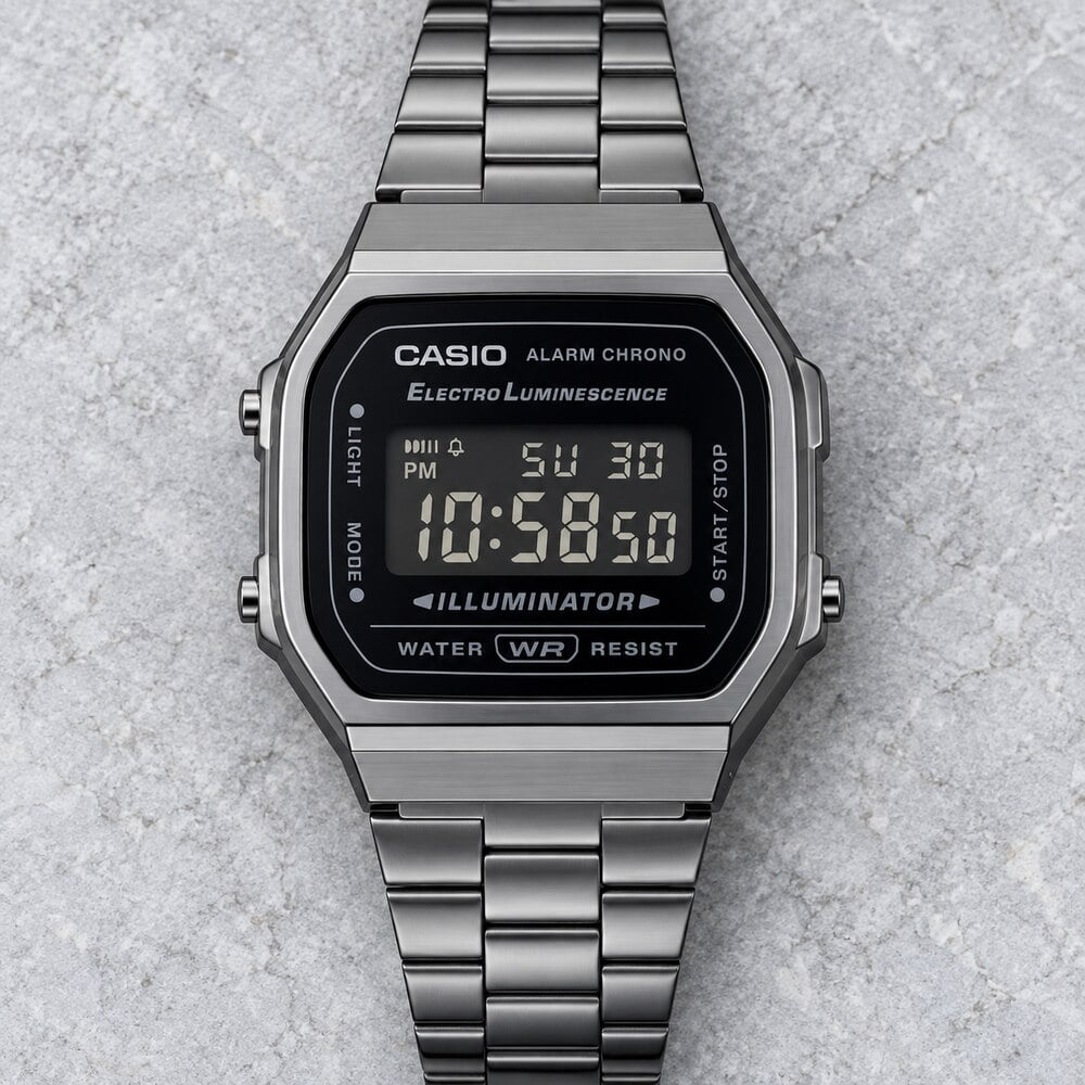 RELOJ CASIO A168WGG-1BDF DIGITAL UNISEX VINTAGE GRIS OSCURO CON BRAZALETE DE ACERO ALARMA Y CRONÓMETRO - 3