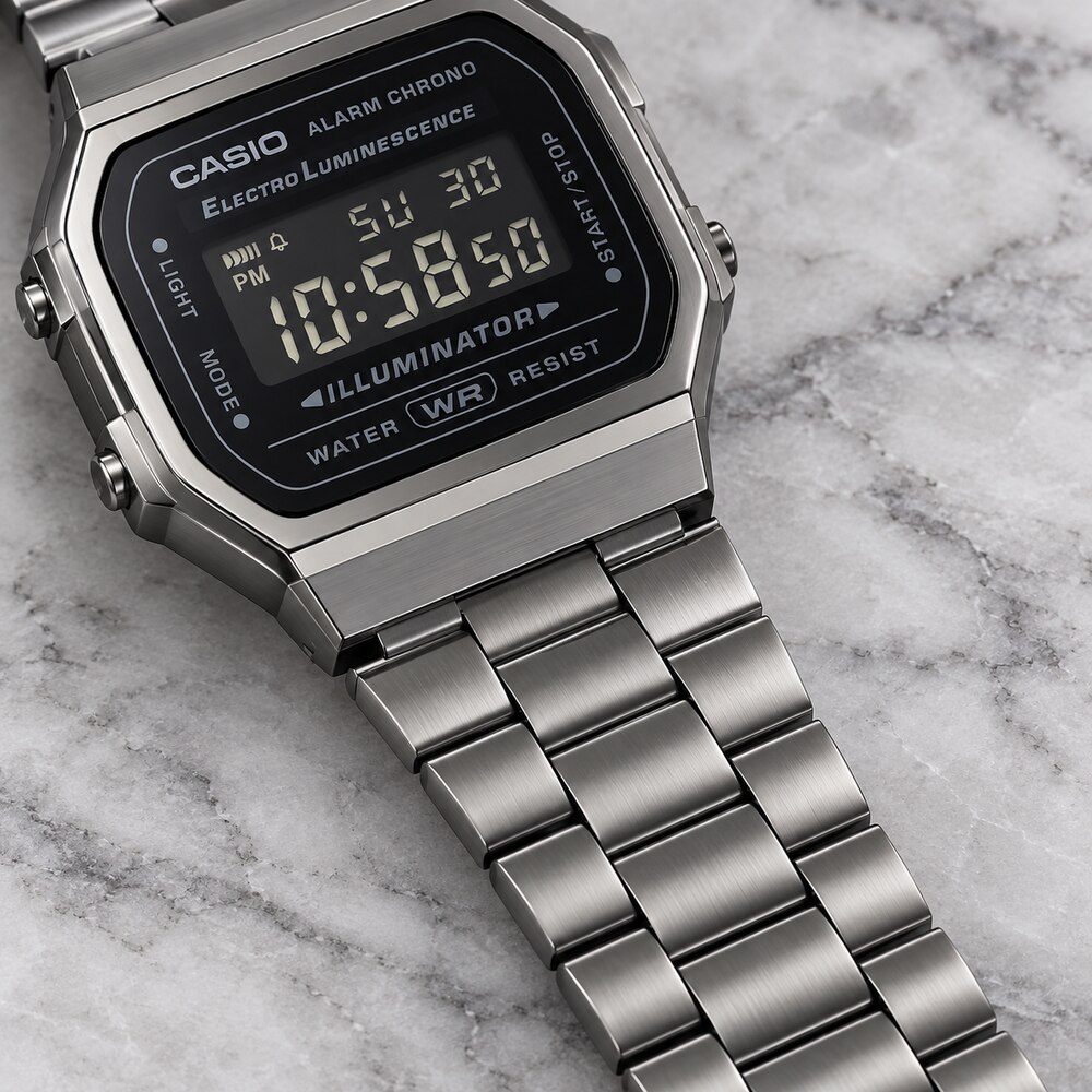 RELOJ CASIO A168WGG-1BDF DIGITAL UNISEX VINTAGE GRIS OSCURO CON BRAZALETE DE ACERO ALARMA Y CRONÓMETRO - 4