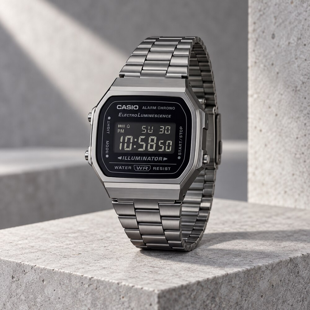 RELOJ CASIO A168WGG-1BDF DIGITAL UNISEX VINTAGE GRIS OSCURO CON BRAZALETE DE ACERO ALARMA Y CRONÓMETRO - 5