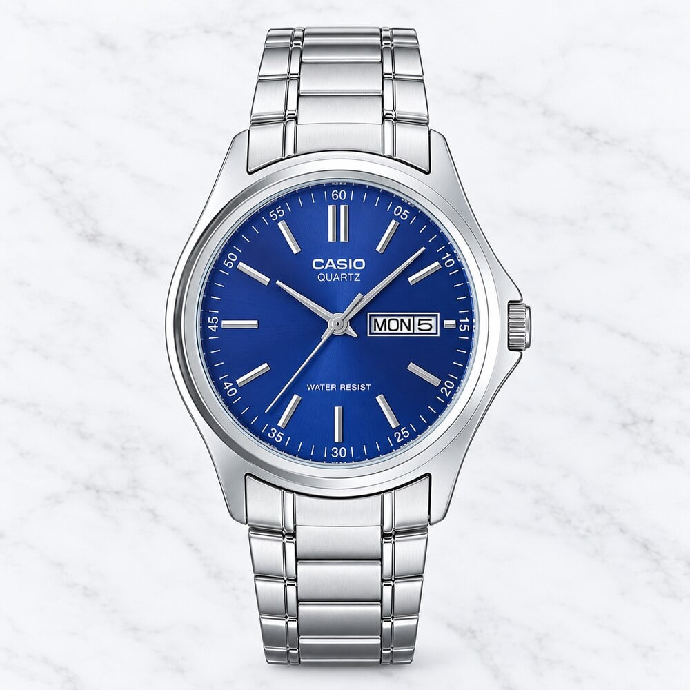 RELOJ CASIO MTP-1239D-2A HOMBRE PLATEADO ESFERA AZUL ANALÓGICO CON BRAZALETE DE ACERO DÍA Y FECHA - 1