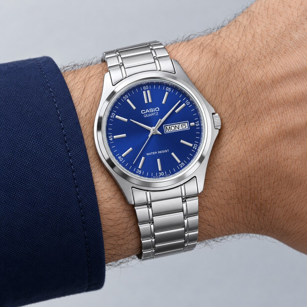 RELOJ CASIO MTP-1239D-2A HOMBRE PLATEADO ESFERA AZUL ANALÓGICO CON BRAZALETE DE ACERO DÍA Y FECHA - 2