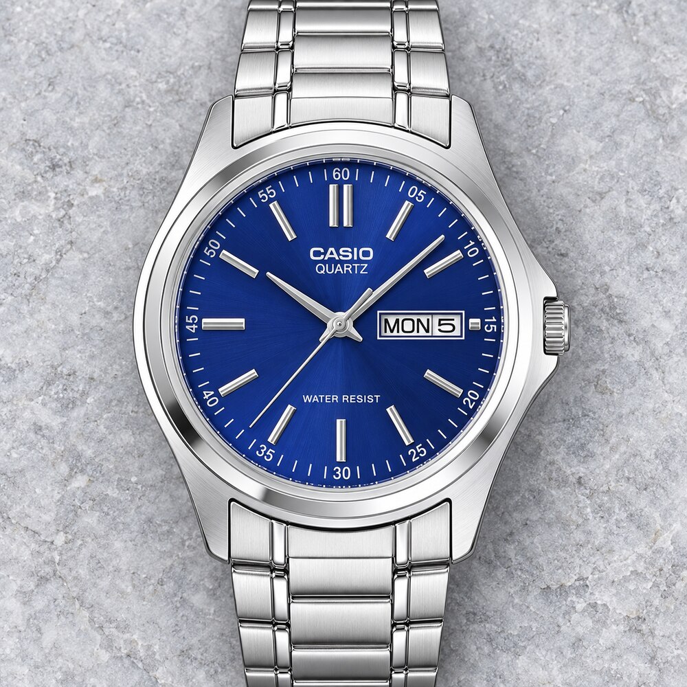 RELOJ CASIO MTP-1239D-2A HOMBRE PLATEADO ESFERA AZUL ANALÓGICO CON BRAZALETE DE ACERO DÍA Y FECHA - 3