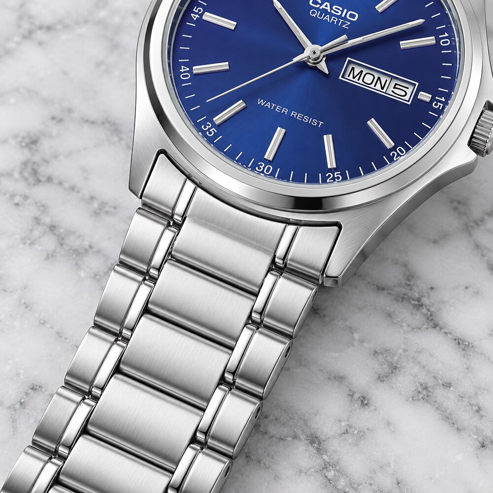 RELOJ CASIO MTP-1239D-2A HOMBRE PLATEADO ESFERA AZUL ANALÓGICO CON BRAZALETE DE ACERO DÍA Y FECHA - 4