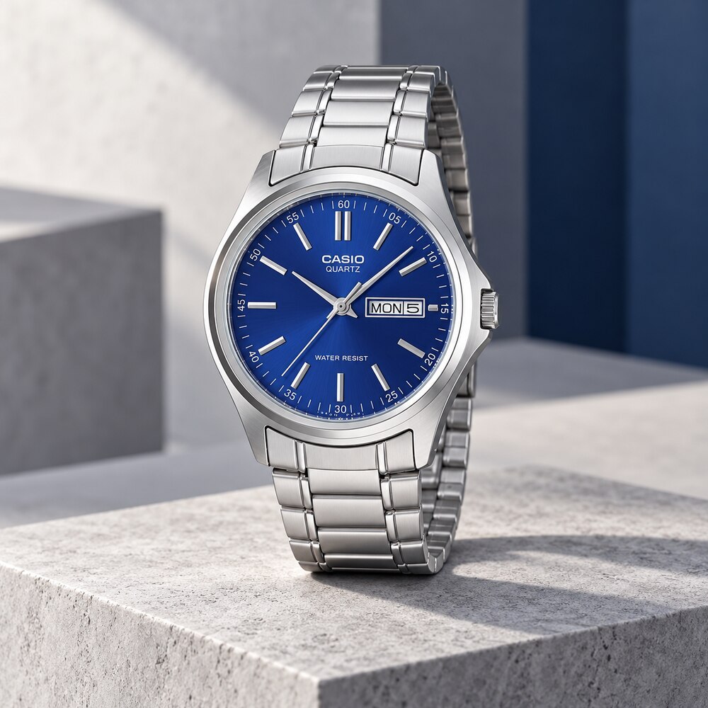 RELOJ CASIO MTP-1239D-2A HOMBRE PLATEADO ESFERA AZUL ANALÓGICO CON BRAZALETE DE ACERO DÍA Y FECHA - 5