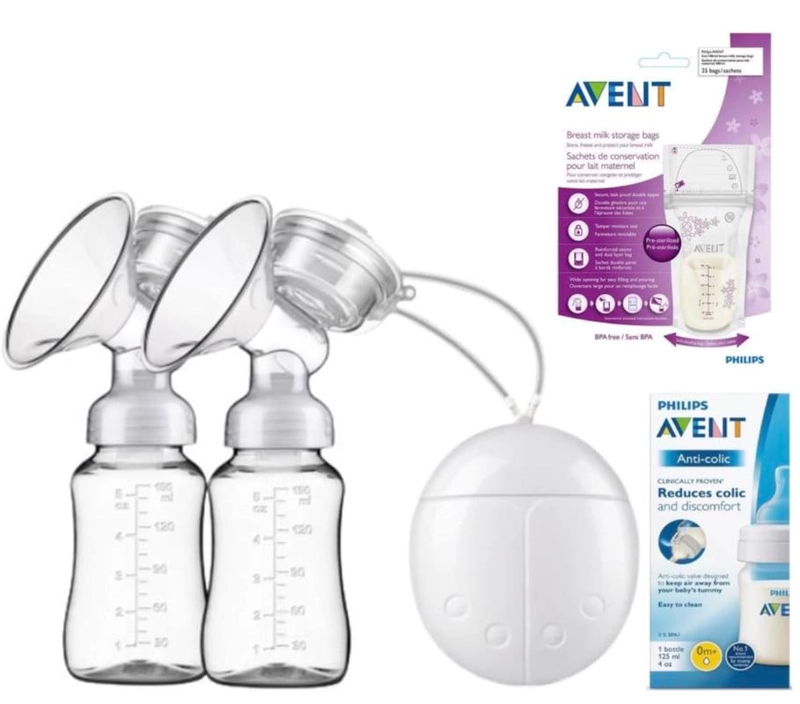 EXTRACTOR DE LECHE ELECTRICO DOBLE + 2 BIBERONES 150 ML + 1 BIBERON AVENT RECIEN NACIDO + 25 BOLSAS AVENT PARA LECHE MATERNA - 1