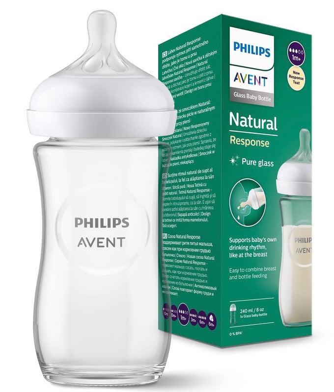 BIBERÓN AVENT VIDRIO NATURAL 3.0 ANTICOLICO Y ANTIGOTEO DE CON TETINA +1M TRANSPARENTE 240 ML - 1