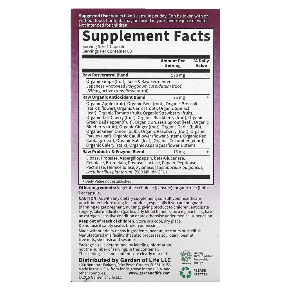 GARDEN OF LIFE RAW PROBIOTICS RESVERATROL 350MG 60 CAPSULAS VEGETARIANAS - 2