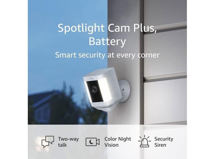 RING SPOTLIGHT CAM PLUS BATERÍA, COMUNICACIÓN BIDIRECCIONAL, VISIÓN NOCTURNA COLOR Y SIRENA DE SEGURIDAD BLANCO - 1