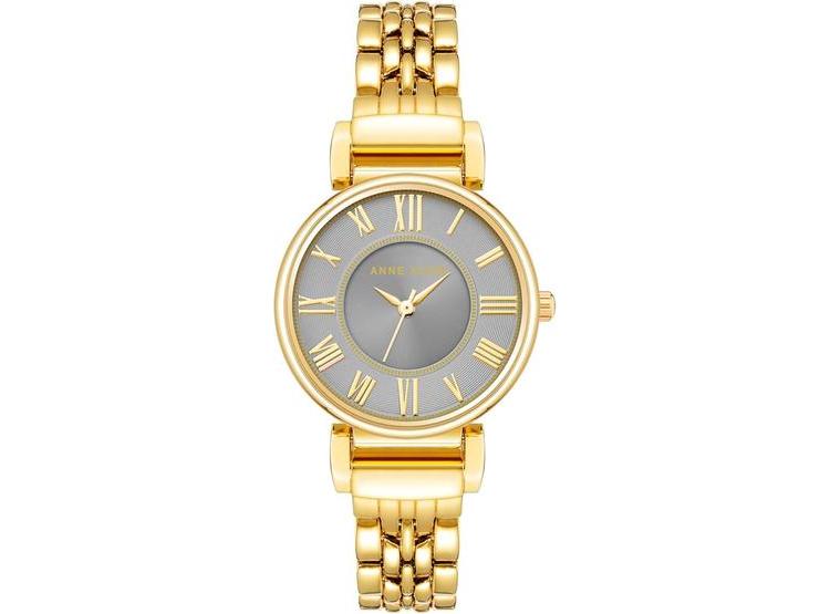 RELOJ FEMENINO ANNE KLEIN CON CORREA DORADA AJUSTABLE, ESFERA GRIS CON NÚMEROS ROMANOS, RESISTENTE A SALPICADURAS - 1