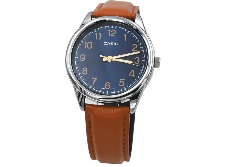 RELOJ ANALÓGICO CASIO HOMBRE ESFERA AZUL Y CUERO MARRÓN, MOVIMIENTO DE CUARZO JAPONÉS, RESISTENTE AL AGUA - 1