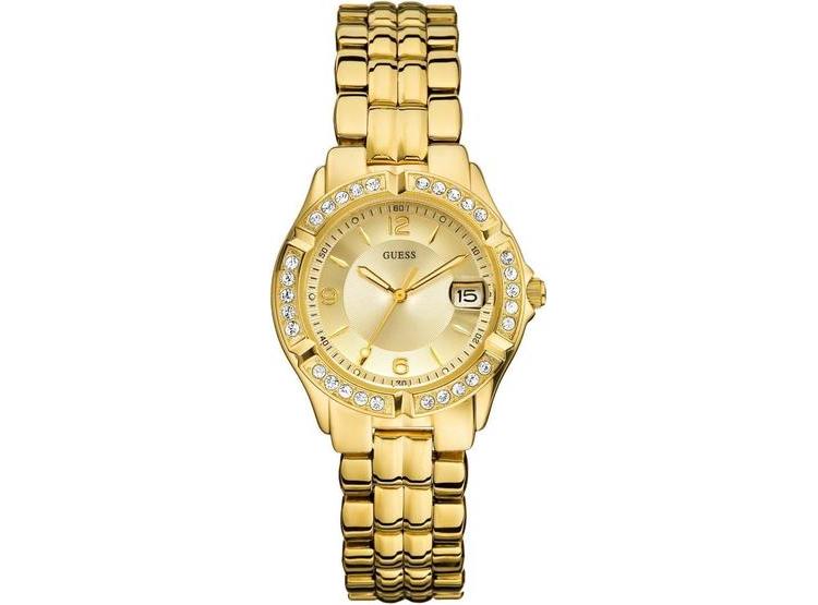 RELOJ GUESS DORADO PARA MUJER, BRAZALETE DE ACERO, DETALLES DE CRISTAL Y RESISTENCIA AL AGUA, MODELO U85110L1 - 1