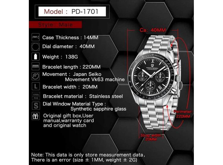 PAGANI DESIGN 1701 V3 - RELOJ CRONÓGRAFO DE CUARZO PARA HOMBRE, ESFERA ESPEJO, MOVIMIENTO VK63, ACERO Y ZAFIRO - 8