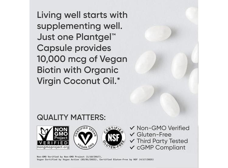 BIOTINA CON ACEITE DE COCO PARA PIEL Y CABELLO, SIN GLUTEN, 120 CÁPSULAS VEGETARIANAS, VEGANO, NO TRANSGÉNICO - 3