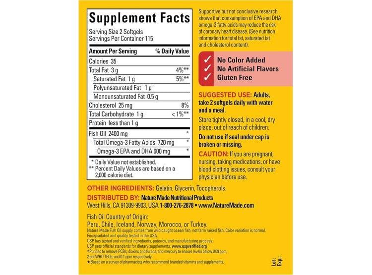 NATURE MADE ACEITE DE PESCADO OMEGA 3, 1200 MG, CÁPSULAS BLANDAS PARA APOYO CARDÍACO, 230 UNIDADES - 5