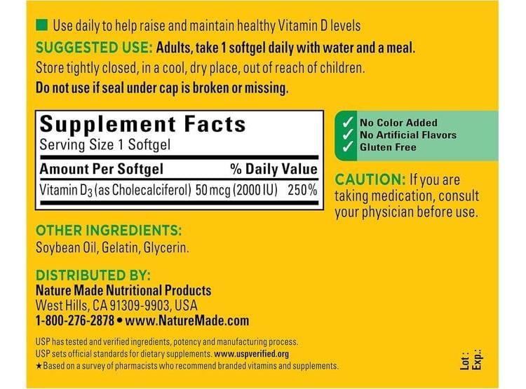 NATURE MADE VITAMINA D3 2000 UI SUPLEMENTO PARA LA SALUD ÓSEA, DENTAL, MUSCULAR E INMUNOLÓGICA, 250 CÁPSULAS BLANDAS - 5