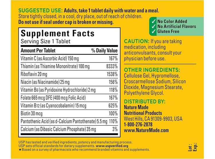 NATURE MADE SUPER B COMPLEX CON VITAMINA C Y ÁCIDO FÓLICO, SUPLEMENTO PARA APOYO INMUNOLÓGICO, 140 COMPRIMIDOS - 7