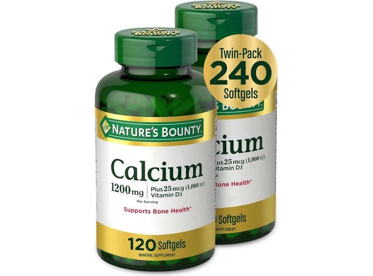 NATURE'S BOUNTY CALCIO Y VITAMINA D3 PARA SALUD ÓSEA, SUPLEMENTO DE 120 CÁPSULAS BLANDAS (2 PAQUETES) - 1