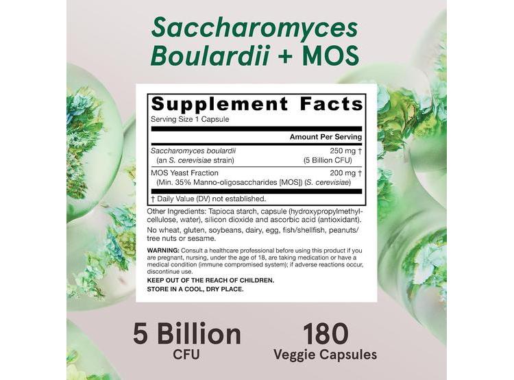 SACCHAROMYCES BOULARDII + MOS DE JARROW FORMULAS, PROBIÓTICO CON 5B CFU POR PORCIÓN, 180 CÁPSULAS VEGANAS - 5