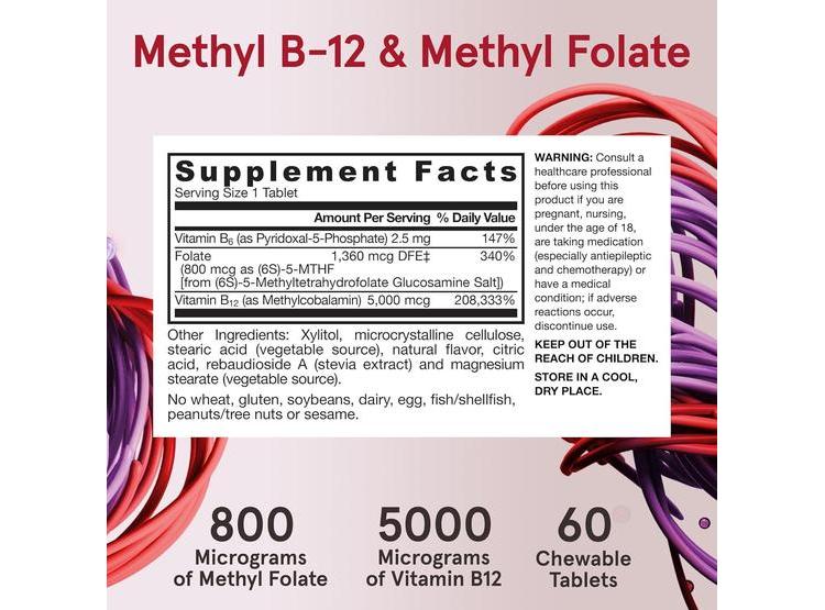 SUPLEMENTO METIL B-12 Y FOLATO DE METILO PARA ENERGÍA Y SALUD CARDIOVASCULAR, 60 COMPRIMIDOS MASTICABLES - 4