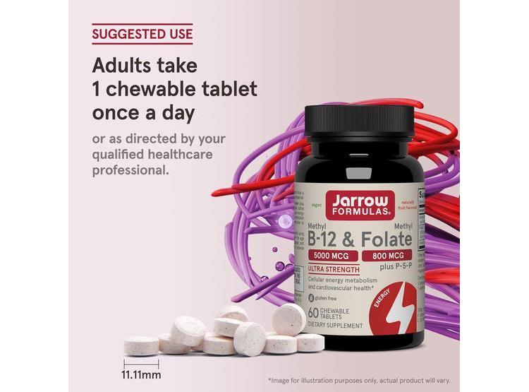 SUPLEMENTO METIL B-12 Y FOLATO DE METILO PARA ENERGÍA Y SALUD CARDIOVASCULAR, 60 COMPRIMIDOS MASTICABLES - 5