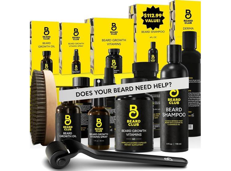 KIT THE BEARD CLUB PARA CRECIMIENTO DE BARBA: INCLUYE RODILLO, ACEITE, VITAMINAS, SPRAY, CHAMPÚ, CEPILLO. REGALO IDEAL - 1