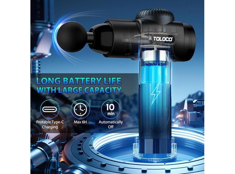 PISTOLA DE MASAJES TOLOCO T11 PRO PARA TEJIDO PROFUNDO CON MOTOR SILENCIOSO Y CABEZALES INTERCAMBIABLES - 3