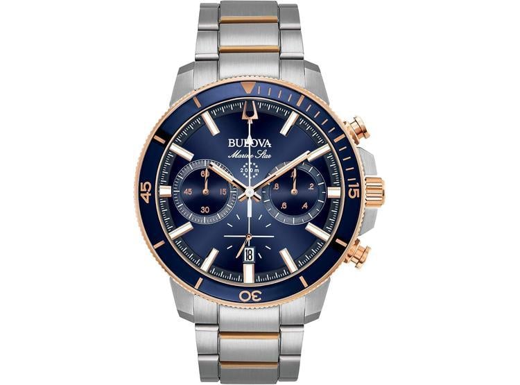 RELOJ BULOVA MARINE STAR DE ACERO INOXIDABLE CON CRONÓGRAFO DE CUARZO, DETALLES EN ORO ROSA, ESFERA AZUL - 1