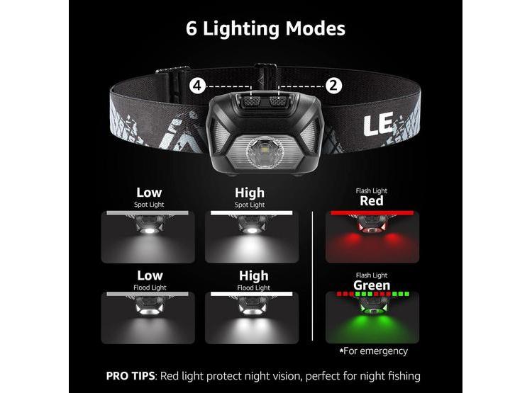 LINTERNA FRONTAL LED CON LUZ ROJA, RESISTENTE AL AGUA IPX4, 6 MODOS DE ILUMINACIÓN, IDEAL PARA EXTERIORES - 4