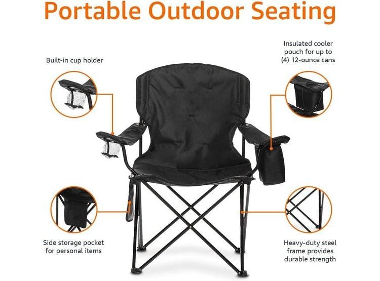 SILLA DE CAMPING PLEGABLE NEGRA AMAZON BASICS CON ASIENTO ACOLCHADO, PORTAVASOS Y BOLSA DE TRANSPORTE - 2