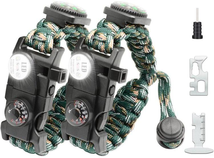 BRAZALETE SUPERVIVENCIA 20 EN 1 CON LUZ LED SOS, ARRANCADOR DE FUEGO, BRÚJULA GRANDE Y SILBATO PARA CAMPING Y SENDERISMO - 1