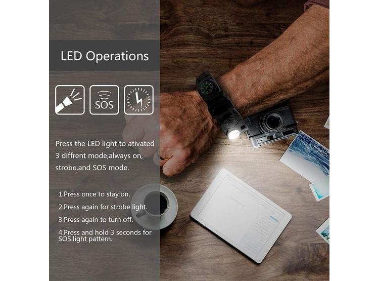 BRAZALETE SUPERVIVENCIA 20 EN 1 CON LUZ LED SOS, ARRANCADOR DE FUEGO, BRÚJULA GRANDE Y SILBATO PARA CAMPING Y SENDERISMO - 2